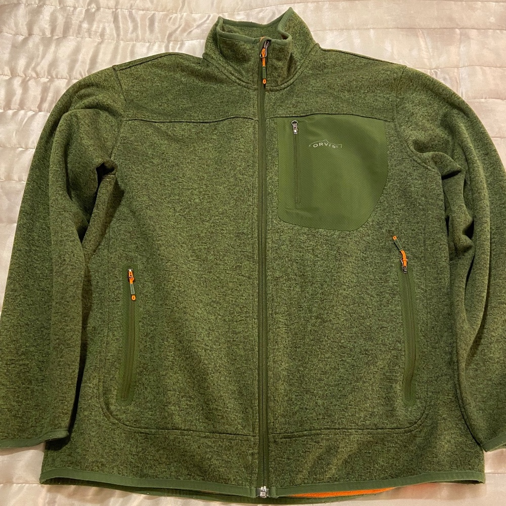 Orvis Windproof Sweater Fleece Jacket Medium Green with Orange accents